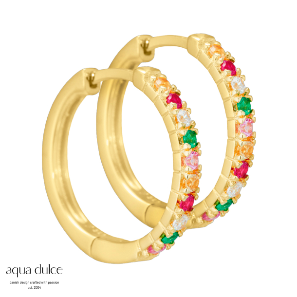 Nessa, 20 mm. creoler i forgyldt sterling slv med multifarvede zirkonia