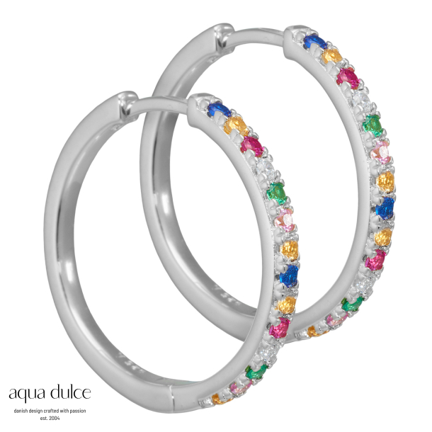 Nessa, 25 mm. creoler i sterling slv med multifarvede zirkonia