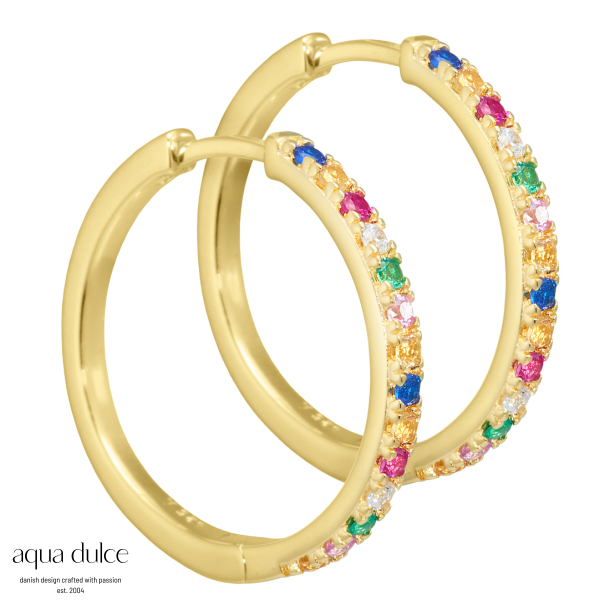 Nessa, 25 mm. creoler i forgyldt sterling slv med multifarvede zirkonia