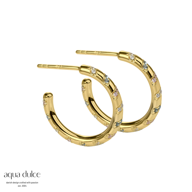 HELIX, 20 mm. hoops i forgyldt sterling slv med snoet zirkonia i pastel farver.