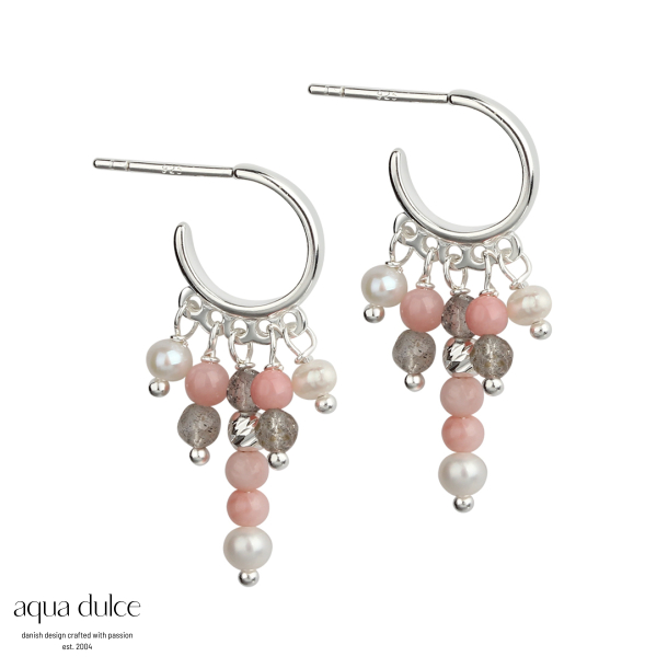 OPAL LOVE, 12 mm. Hoops i sterling slv med bjle, pink opal, gr calcedonia & ferskvandsperler