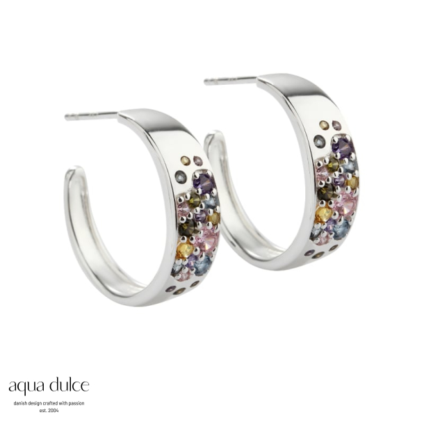 PASTEL STARDUST HOOP, Creoler 15 mm. i sterling slv  med pastelfarvet zirkonia