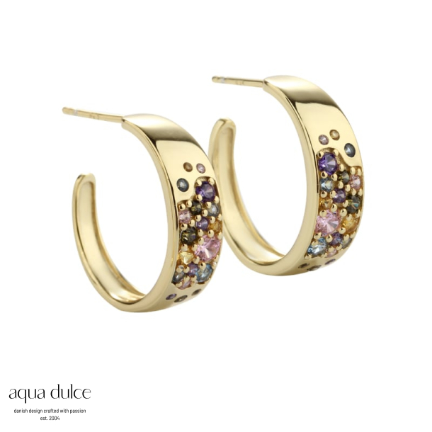 PASTEL STARDUST HOOP 20 MM., creoler i forgyldt sterling slv med pastelfarvet zirkonia.