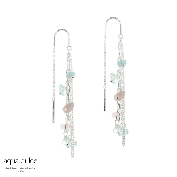 NUGGET EARTHREAD, retrde i sterling slv med nuggets af aquamarine & rosaquartz.