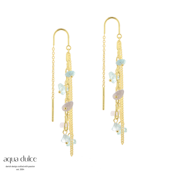 NUGGET EARTHREAD, retrde i forgyldt sterling slv med nuggets af aquamarine & rosaquartz.