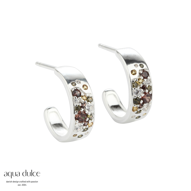 OLIVE STARDUST SMALL HOOP, 15 mm. hoops i sterling slv med oliven, smokey & topaz zirkonia