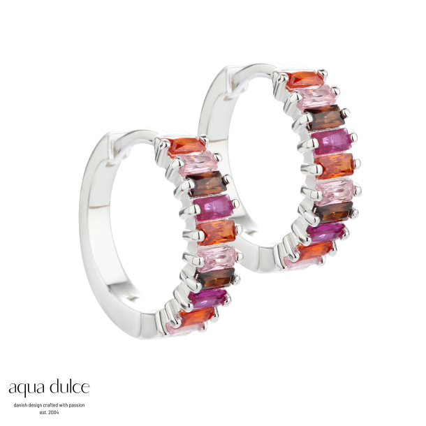 PINK PHILINA, 15 mm. hoop i sterling slv med pink, smokey, orange & rosa baguette zirkonia.