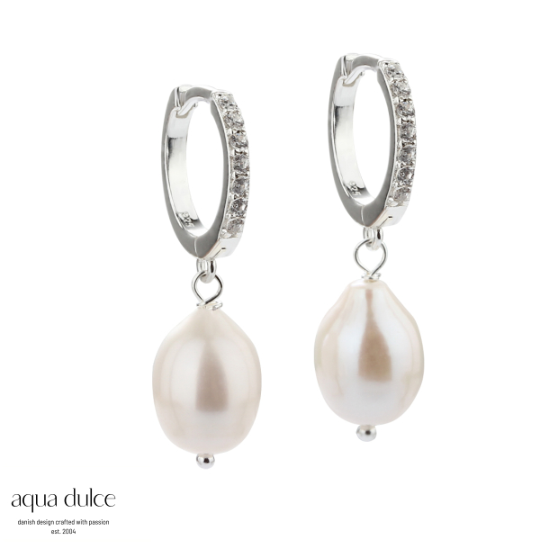 DARLING PEARL BIG, 13 mm. klik creoler i sterling slv med klare zirkonia & 12 mm. ferskvandsperlev