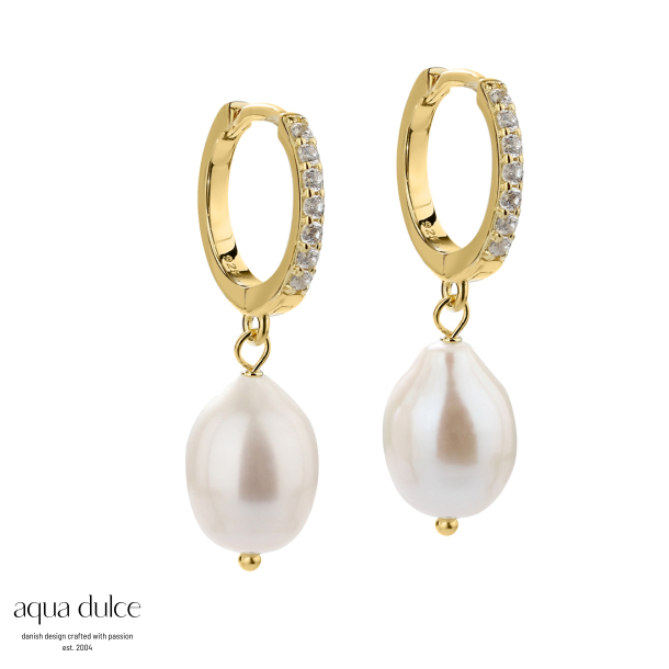 DARLING PEARL BIG, 13 mm. klik creoler i forgyldt sterling sølv med klare zirkonia & 12 mm. ferskva