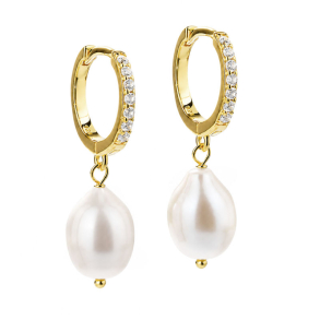 *DARLING PEARL BIG, 13 mm. klik creoler i forgyldt sterling s�lv med klare zirkonia & 12 mm. ferskva