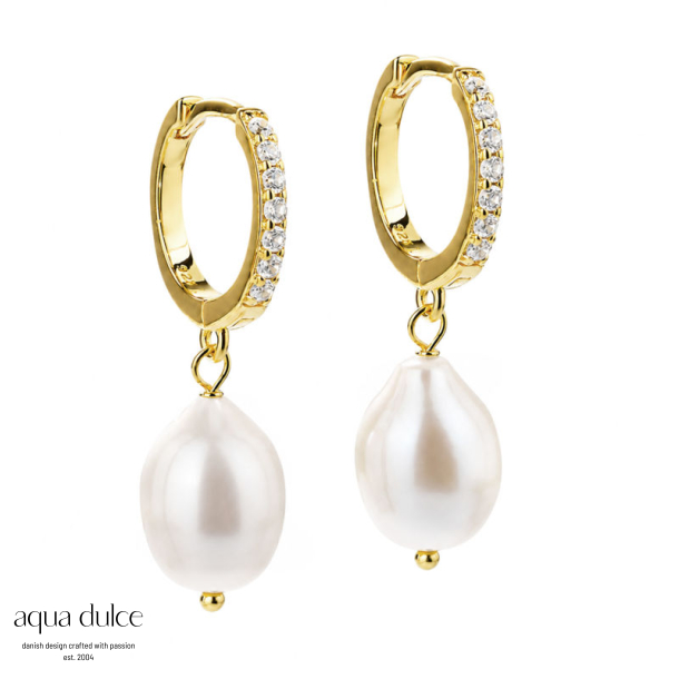 *DARLING PEARL BIG, 13 mm. klik creoler i forgyldt sterling s�lv med klare zirkonia & 12 mm. ferskva