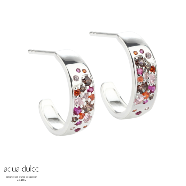 PINK STARDUST SMALL HOOP, 15 mm. hoops i sterling sølv med pink, smokey, orange & rosa zirkonia
