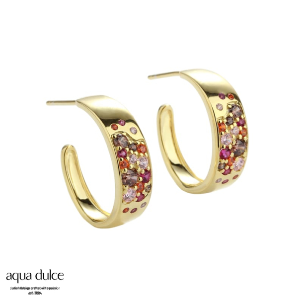 PINK STARDUST HOOP, 20 mm. hoops i forgyldt sterling slv med pink, smokey, orange & rosa zirkonia