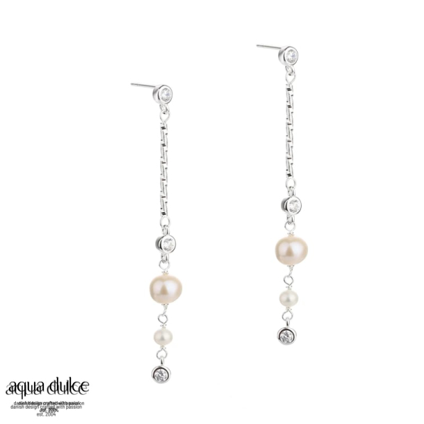 PRETTY PEARL LONG, restikker i sterling slv med zirkonia & hvide ferskvandsperler i forskellige 