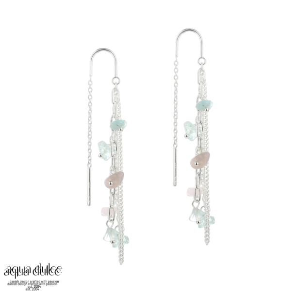 NUGGET EARTHREAD, retrde i sterling slv med nuggets af aquamarine & rosaquartz.