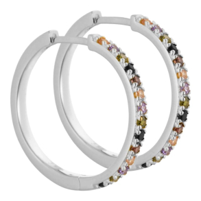 Vigga - 25 mm. creoler i sterling slv med lilla, rg, sorte, champagne & oliven zirkonia