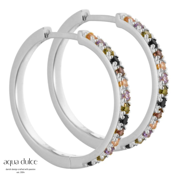 Vigga - 25 mm. creoler i sterling slv med lilla, rg, sorte, champagne & oliven zirkonia