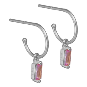 Aya, 10 mm. creoler i sterling slv med lille baguette vedhng med rosa zirkonia.