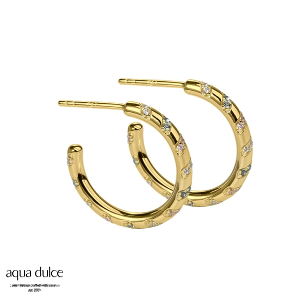 HELIX, 20 mm. hoops i forgyldt sterling slv med snoet zirkonia i pastel farver.