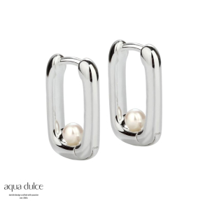 SECRET, 10 X 15 mm. firkantet hoop i sterling slv  med klik ls & lille hvid ferskvandsperle.