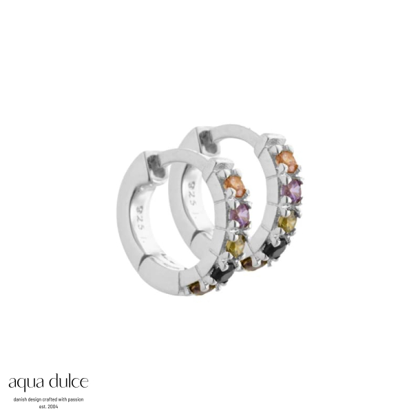 *Vigga - 10,7 mm. creoler i sterling s�lv med lilla, r�g, sorte, champagne & oliven zirkonia
