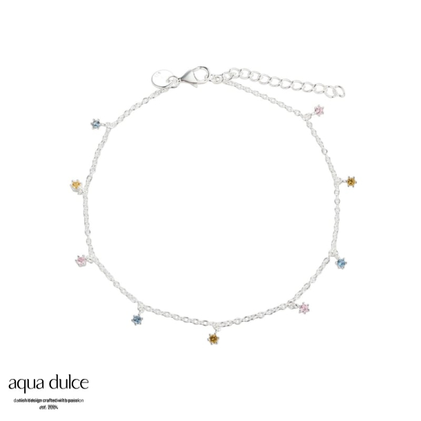 PASTEL ANKLET, Ankelkde i sterling slv med sm zirkoniavedhng i rosa, gul & lysebl. 22 + 4 