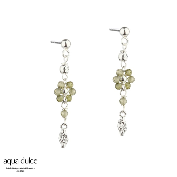 DAISY OLIVE, restikker i sterling slv med oliven blomster, slvkugler & ruflet vedhng.