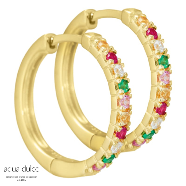 Nessa, 20 mm. creoler i forgyldt sterling slv med multifarvede zirkonia