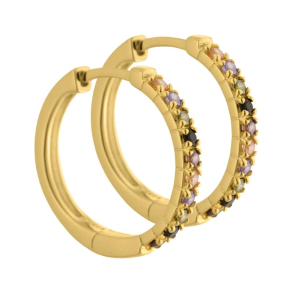 Vigga - 20 mm. creoler i forgyldt sterling slv med lilla, rg, sorte, champagne & oliven zirkonia