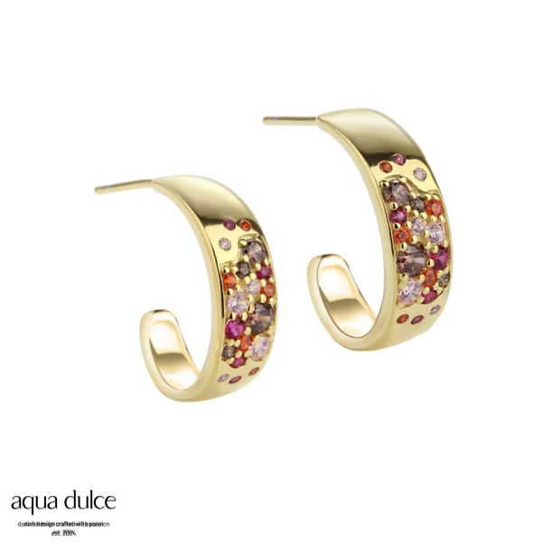 PINK STARDUST SMALL HOOP, 15 mm. hoops i forgyldt sterling slv med pink, smokey, orange & rosa zir