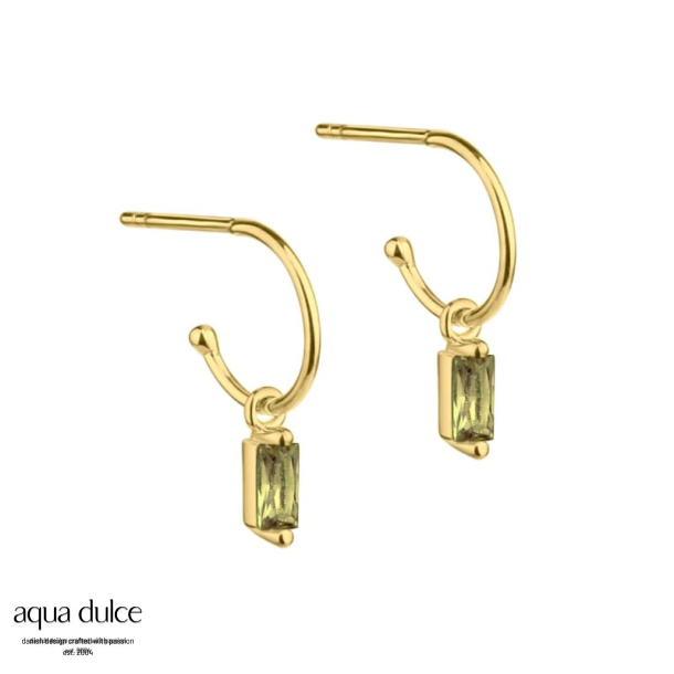 Ally green, 10 mm. creol i forgyldt sterling slv med lille baguette vedhng med oliven zirkonia.