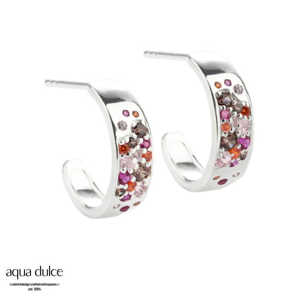 PINK STARDUST SMALL HOOP, 15 mm. hoops i sterling slv med pink, smokey, orange & rosa zirkonia