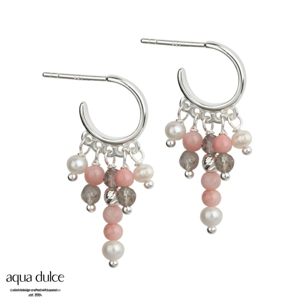 OPAL LOVE, 12 mm. Hoops i sterling slv med bjle, pink opal, gr calcedonia & ferskvandsperler