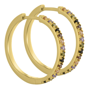 Vigga - 25 mm. creoler i forgyldt sterling slv med lilla, rg, sorte, champagne & oliven zirkonia