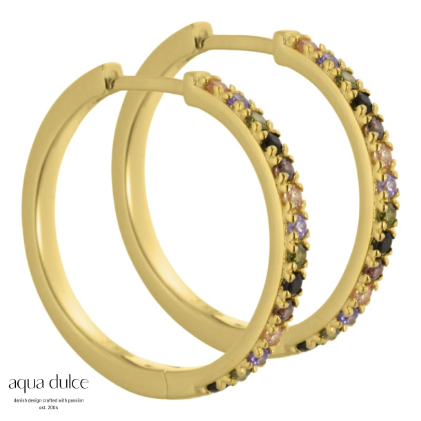 Vigga - 25 mm. creoler i forgyldt sterling slv med lilla, rg, sorte, champagne & oliven zirkonia