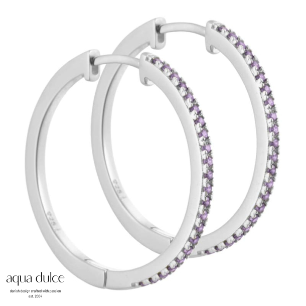 Rie - 25 mm. creoler i sterling s�lv med lys lilla zirkonia