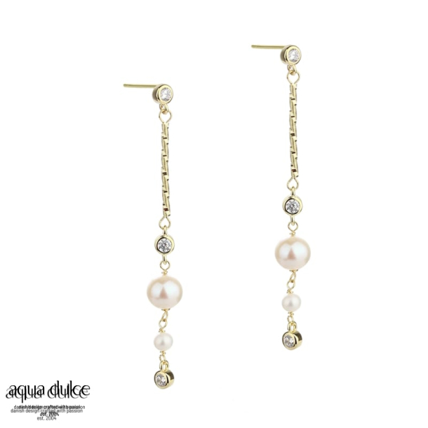 PRETTY PEARL LONG, restikker i forgyldt sterling slv med zirkonia & hvide ferskvandsperler i for