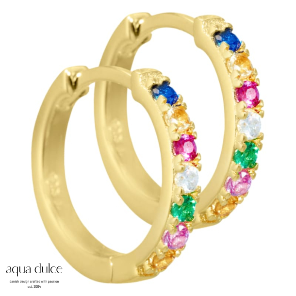 Nessa, 15 mm. creoler i forgyldt sterling slv med multifarvede zirkonia