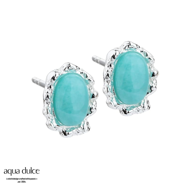 *AMAZONIT STUD, �restikker i sterling s�lv med oval amazonit