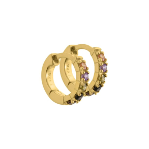 *Vigga - 10,7 mm. creoler i  forgyldt sterling s�lv med lilla, r�g, sorte, champagne & oliven zirko