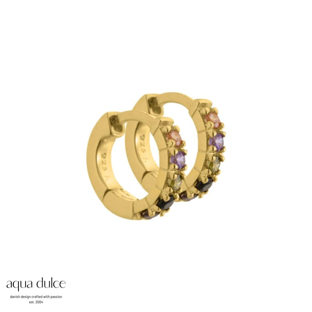 Vigga - 10,7 mm. creoler i  forgyldt sterling slv med lilla, rg, sorte, champagne & oliven zirko