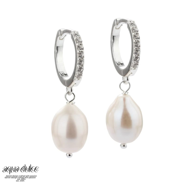 DARLING PEARL BIG, 13 mm. klik creoler i sterling slv med klare zirkonia & 12 mm. ferskvandsperlev
