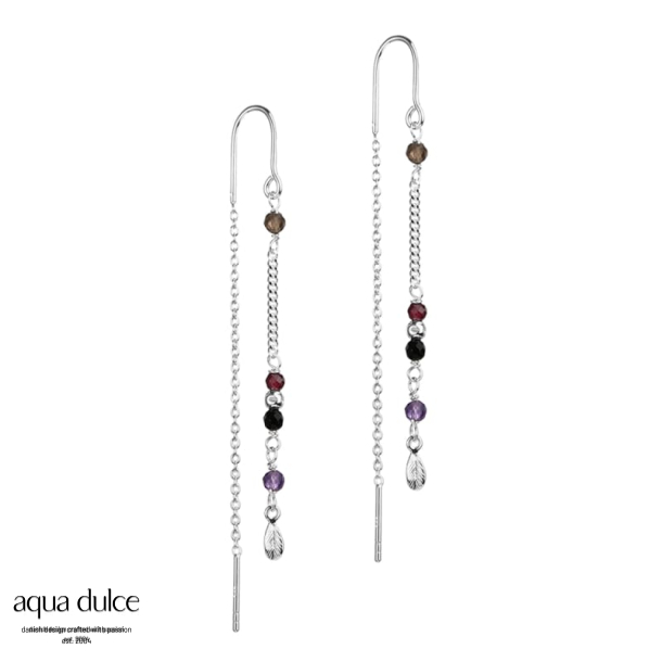 Cecilie - �reb�jler i sterling s�lv med sort, r�g & lilla perler & sm� blade