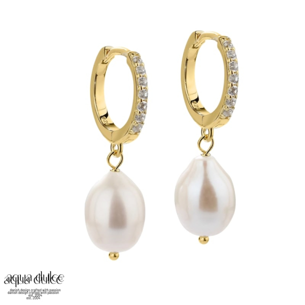 DARLING PEARL BIG, 13 mm. klik creoler i forgyldt sterling slv med klare zirkonia & 12 mm. ferskva