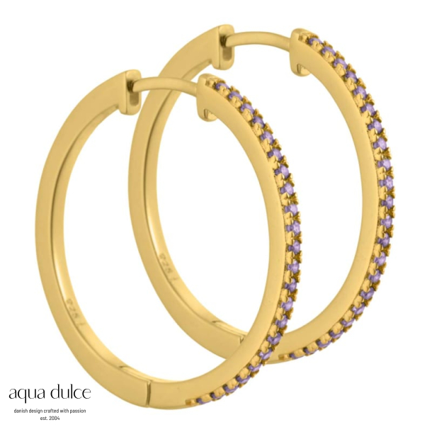 Rie - 25 mm. creoler i forgyldt sterling slv med lys lilla zirkonia