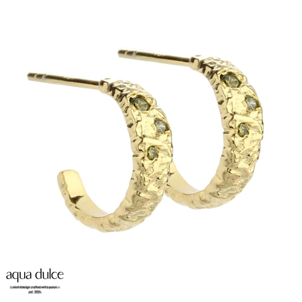 MESS HOOP OLIVE, 12,5mm. creoler i forgyldt sterling slv med stik , ruflet overflade & fine oliven