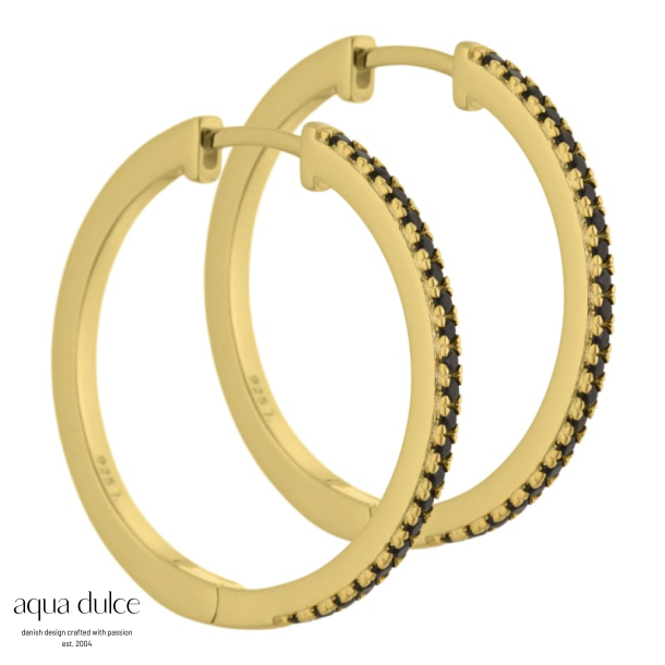 Claire - 25 mm. creoler i forgyldt sterling slv med black diamond zirkonia